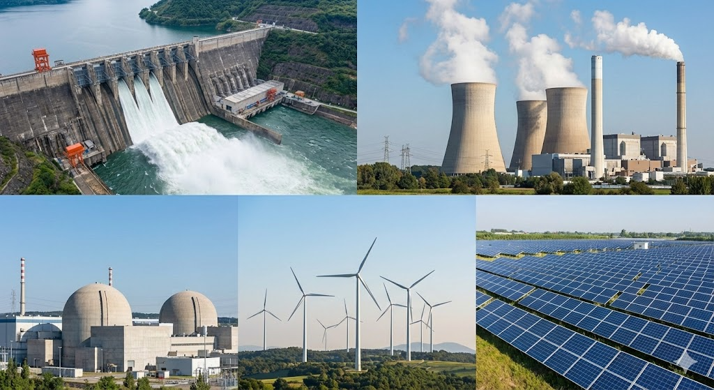 Various power generation types including hydro, thermal, nuclear, wind, and solar